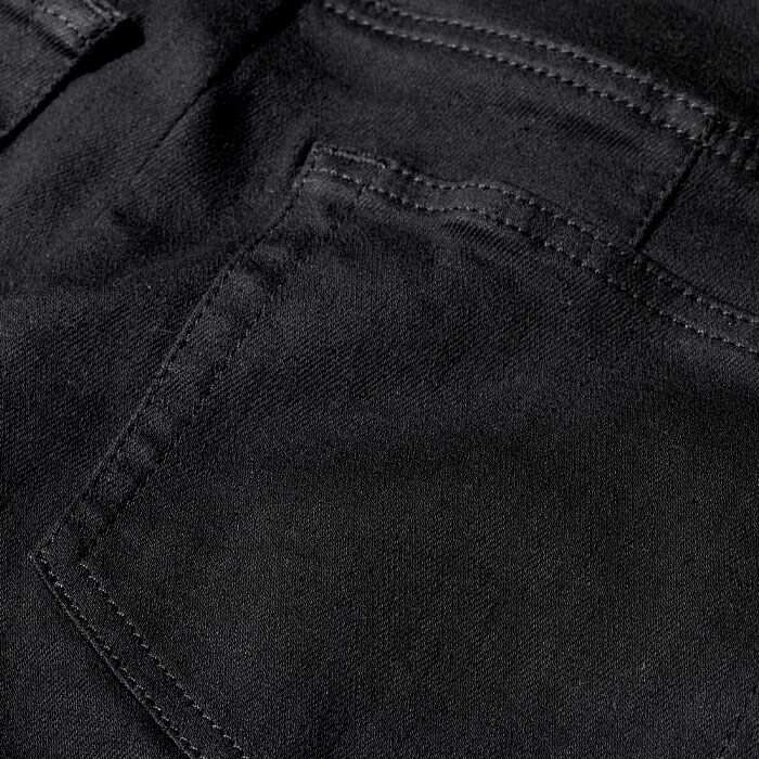 Denim in a deep-black wash woven with stretch for comfort.