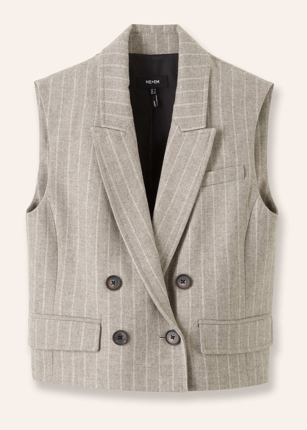 Italian wool-bend pinstripe tailoring in grey melange and cream.