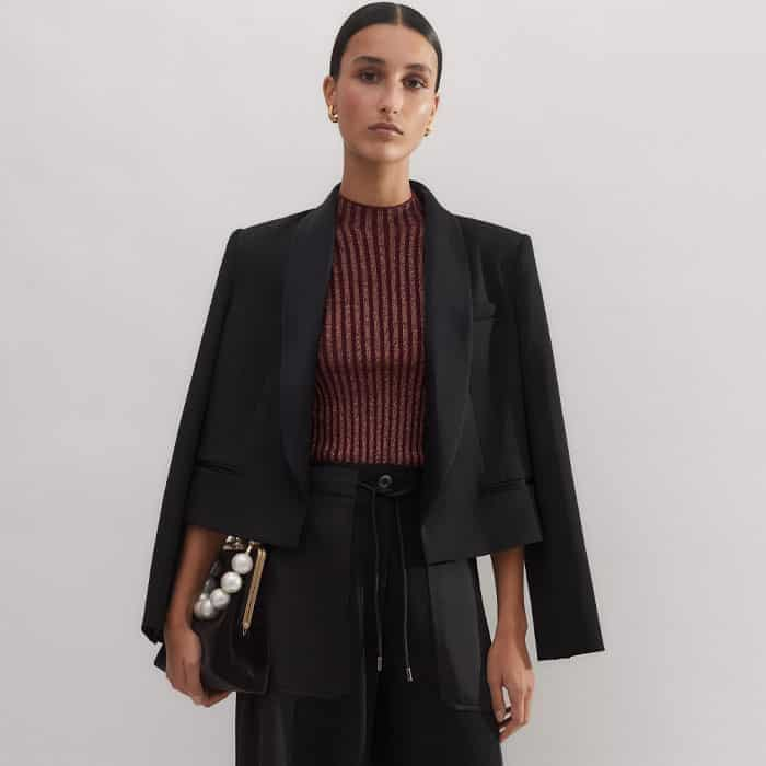 Our Forever Shawl Collar Crop Tux Jacket builds the perfect eveningwear look.