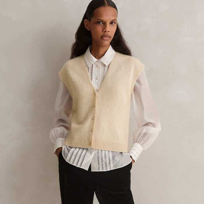 Perfect elevated desk-to-dinner outfitting with a white shirt and our Boiled Cashmere V-Neck Pearl Button Vest. 