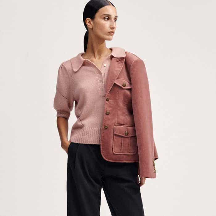 Add a pop of pink to your look with our Merino Cashmere Silk Pouf Sleeve Tee and Velvet Blazer.