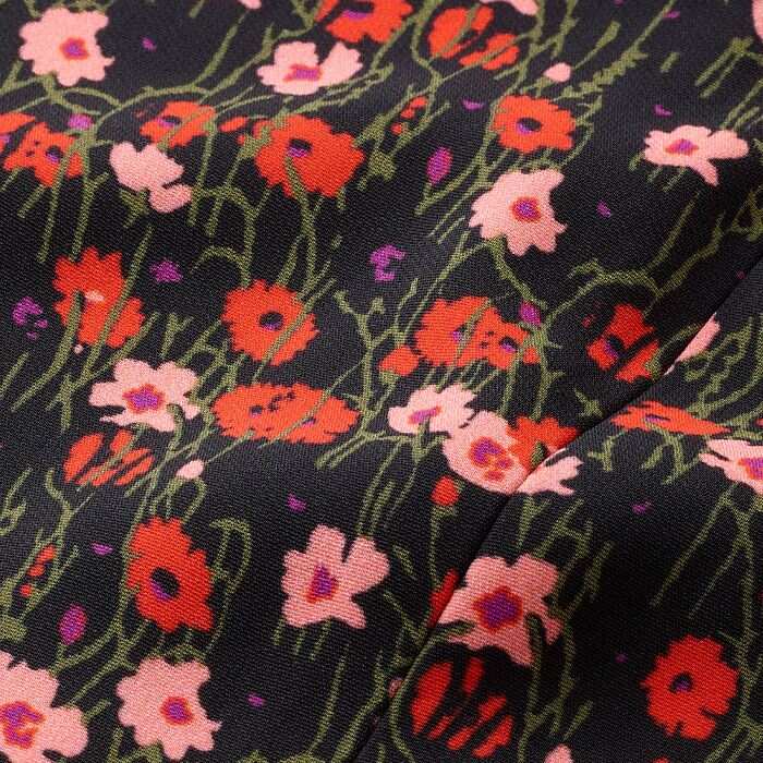 Modern and simple with stretch for comfort and ease, this substantial fabric features a black base with our clashing pink-and-red Flower Meadow print. Easy to style back with black or our red leather. 