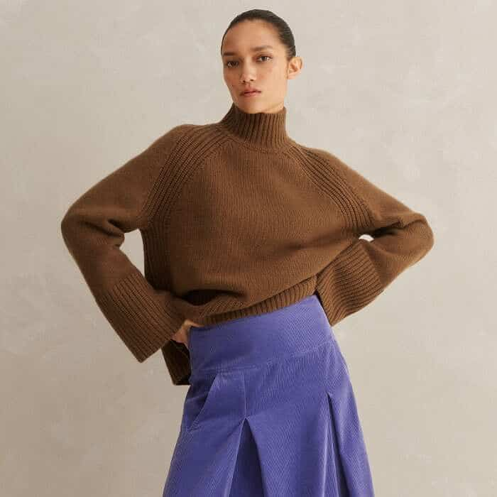 Add a neutral autumnal hue to your look with our Cashmere Blend Chunky High Neck A Line Jumper.