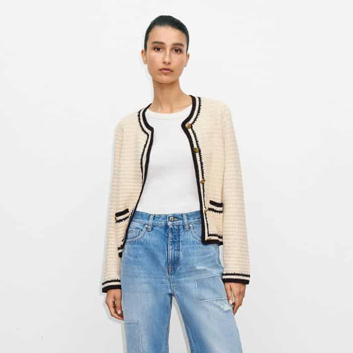 Casual meets considered when you style this pair with our Hand-Crocheted Trim Bracelet Sleeve Bouclé Jacket and a classic white tee.