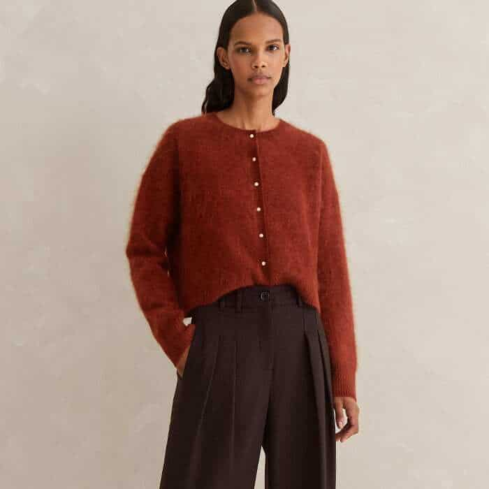 Hero two autumn hues in one look by pairing with our Brushed Cashmere Gold Button Cardigan in pecan.