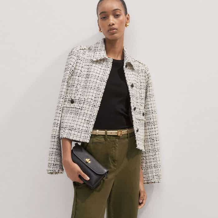 Elevate your look with our Boxy Tweed Jacket and Small Leather Pouch.