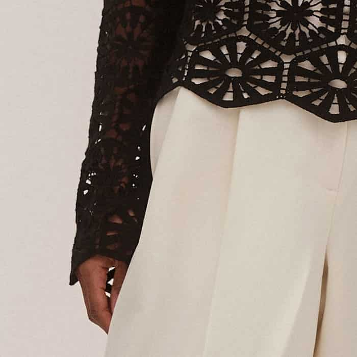 Trimmed with the same crochet pattern, the long sleeves fall to deep cuffs past your wrist.