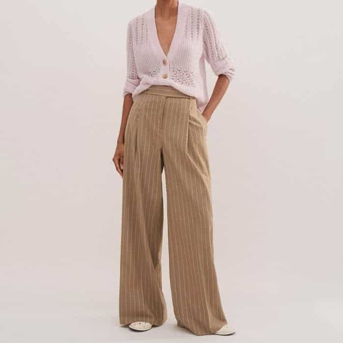 Introduce a new texture to your look with our Wool-Blend Pinstripe Wide-Leg Trouser.