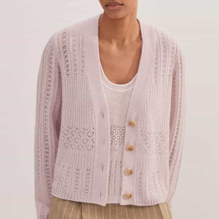 Coordinate with the Merino Cashmere Silk Lace Stitch Knit Vest in the same hue and fabric.