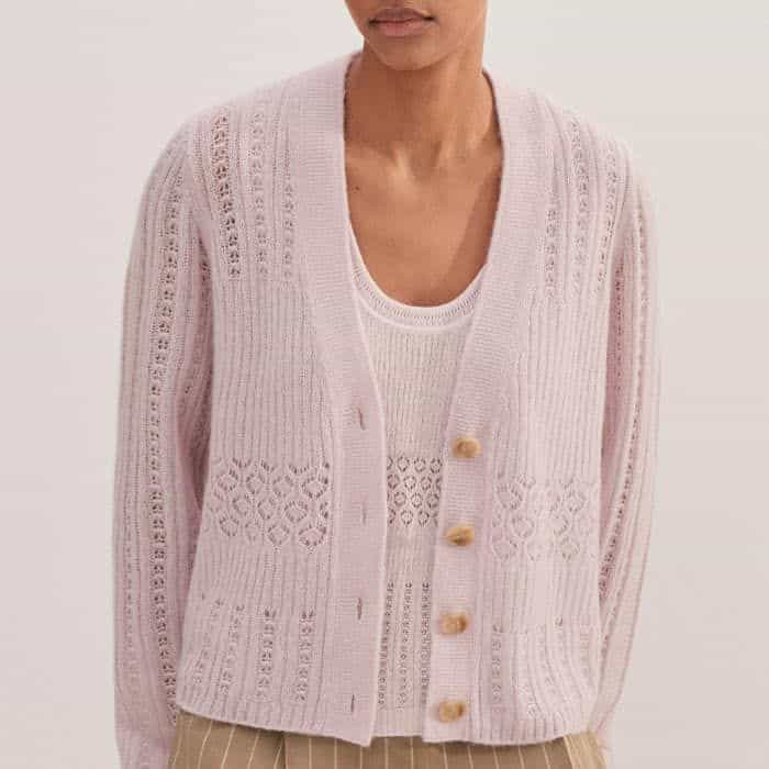 For more coverage, wear it with the coordinating Merino Cashmere Silk Lace Stitch Cardigan in the same hue.