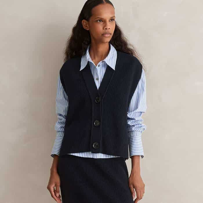 Stick to a blue colour palette and wear with our Cotton Stripe Dipped Hem Crop Shirt and Cotton Merino Rib Relaxed Buttoned Vest.