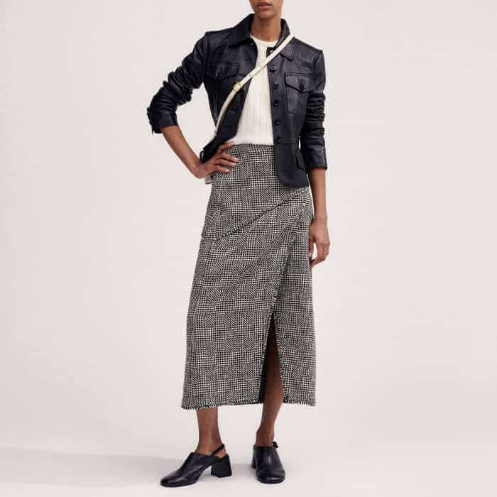 Build a monochrome look with our Merino Cashmere Crop Rib Tee and Textured Wrap Front Midi Skirt.