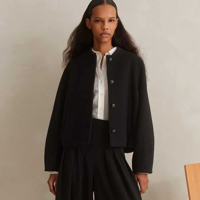 Clash textures and wear it with our Silk Cotton Layering Shirt and Italian Wool Sculptural Sleeve Cropped Jacket.