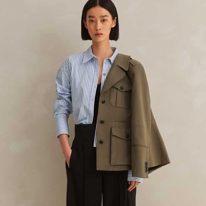 Add some colour to your look with our Cotton Stripe Dipped Hem Crop Shirt and The Everyday Military Jacket.