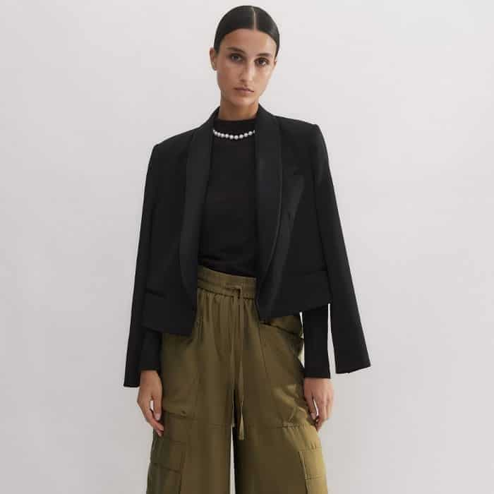 Elevate your off-duty look with our Silk Crop Tux Shirt and Forever Shawl Collar Crop Tux Jacket.