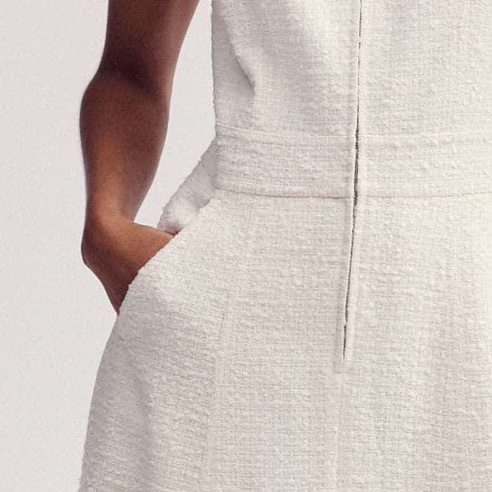 Pockets are flatteringly placed in front of the side seams for a bulk-free finish.