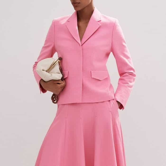 Embrace the pink hue and wear with the matching Cotton Blend Fitted Contour Jacket.