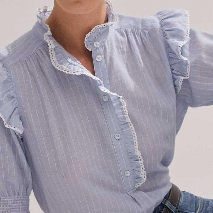 The half-button placket can be done all the way to the top or left slightly undone to accommodate different bust sizes.