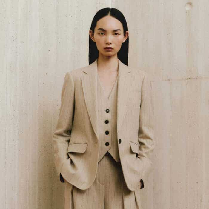 Achieve a three-piece pinstripe suit with the coordinating Pinstripe Blazer and Pinstripe Wide-Leg Pleat Front Trouser.