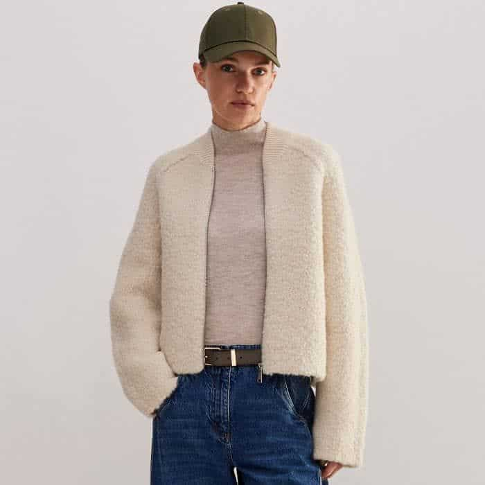 Build a tactile look with our Merino Cashmere Barely There Seamless Layering Jumper and Chunky Wool Bouclé Knit Bomber.