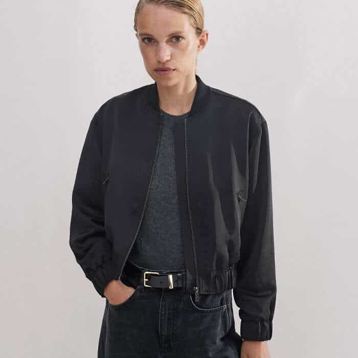 Build a look around a darker colour palette with our Cashmere Pouf Sleeve Jumper and Satin Twill Evening Bomber.