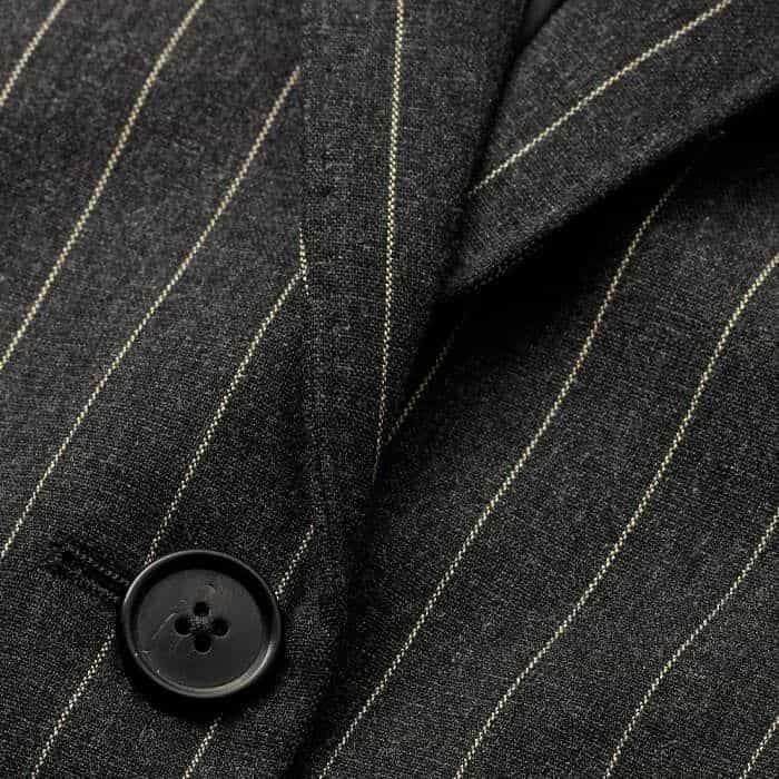 Made from Italian wool-blend tailoring fabric with a subtly brushed surface and camel-hued pinstripes.