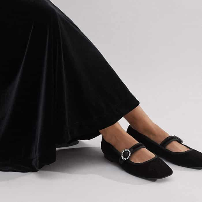 Complete an effortless evening ensemble with our Velvet Square Toe Ballerina Flat.