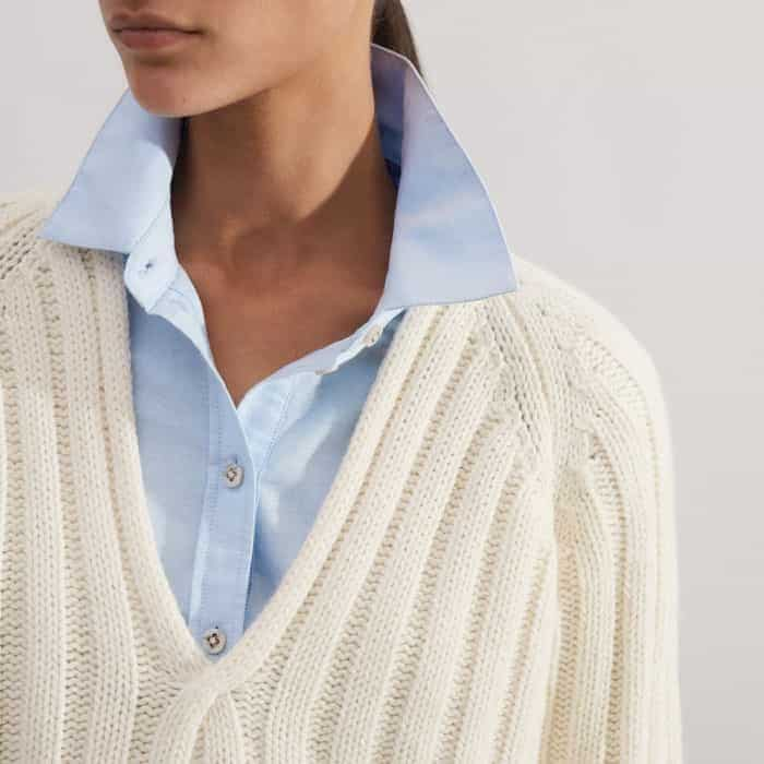 The relaxed fit and V-neckline create room for bulk-free layering.