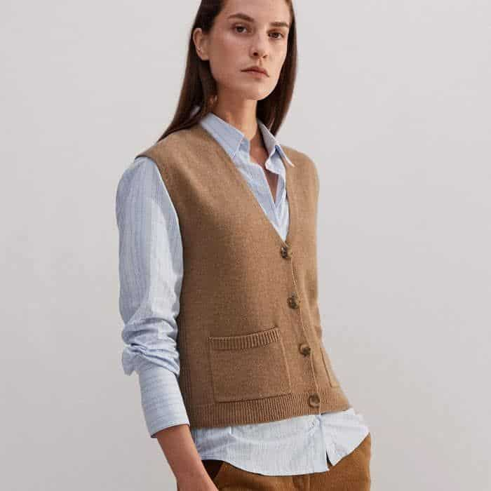 Style with our Merino Cashmere V-Neck Vest for a pleasing texture blend.