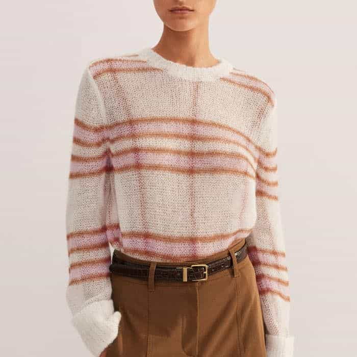 Complement the earthy shade with the stripes on our Lofty Jacquard Crew Neck Jumper. 