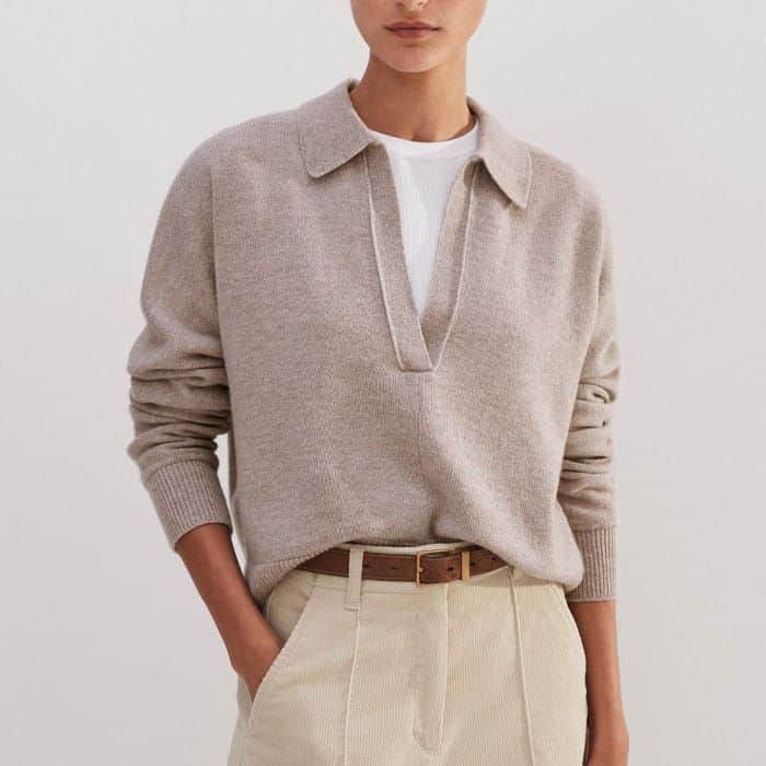 Build a look around neutral tones with our Cashmere Fly Collar Box Jumper.