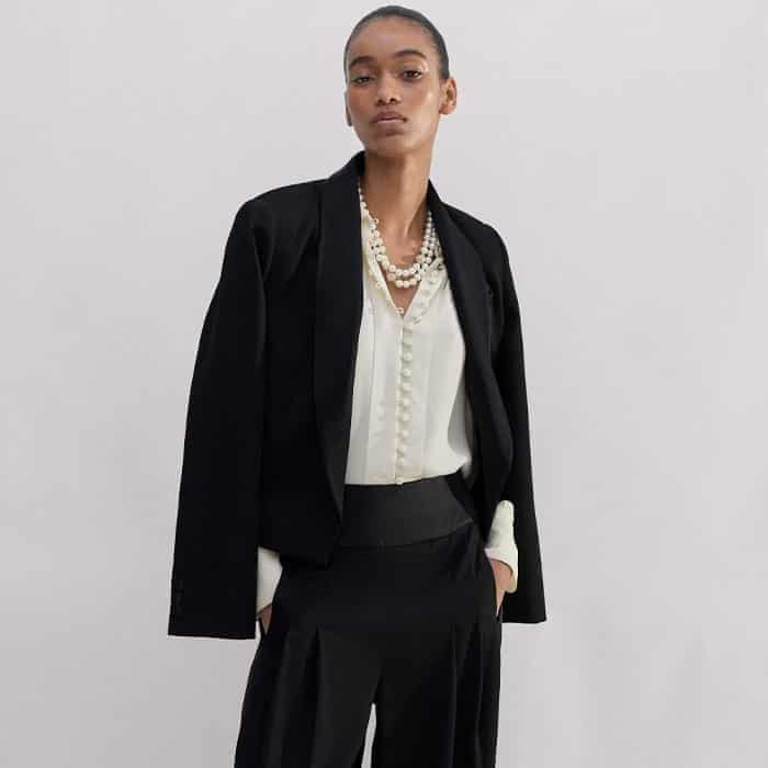 For a tux-tailored look, wear it with the coordinating Forever Shawl Collar Crop Tux Jacket.