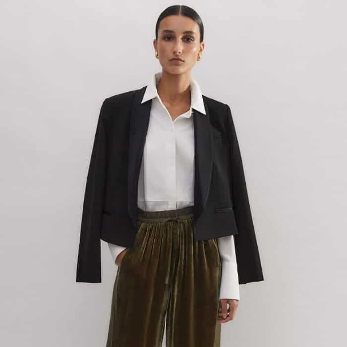 The perfect accompaniment, our Forever Shawl Collar Crop Tux Jacket and Silk Crop Tux Shirt have the same elevated appeal.