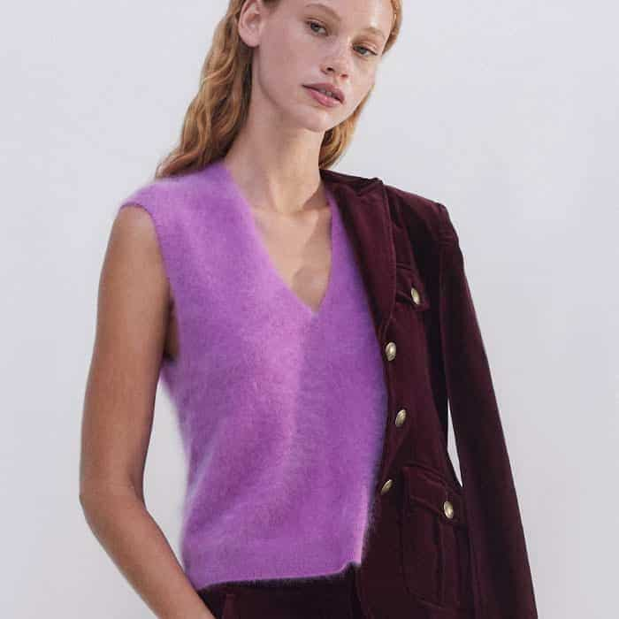 For a bold, tactile finish, wear it with our Brushed Cashmere V-Neck Crop Vest.