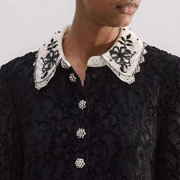 The statement gem buttons can be undone to achieve a more relaxed finish at the neckline.