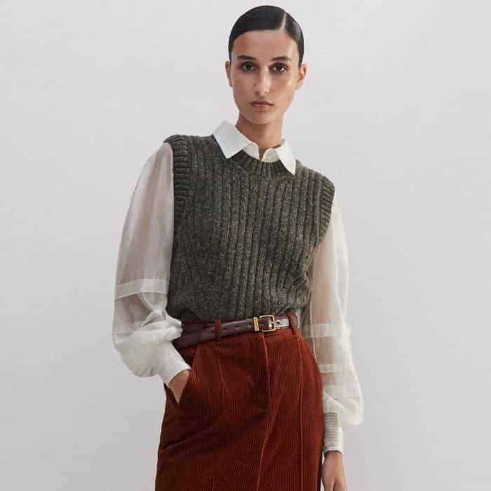 Build a layered look with our Fluid Scallop Detail Layering Shirt and Soft Donegal Tweed Fashioned Rib Vest.