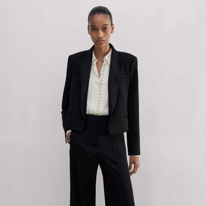 Build a tux-tailored look with either the Sharp Shoulder Tux Blazer or Forever Shawl Collar Crop Tux Jacket.