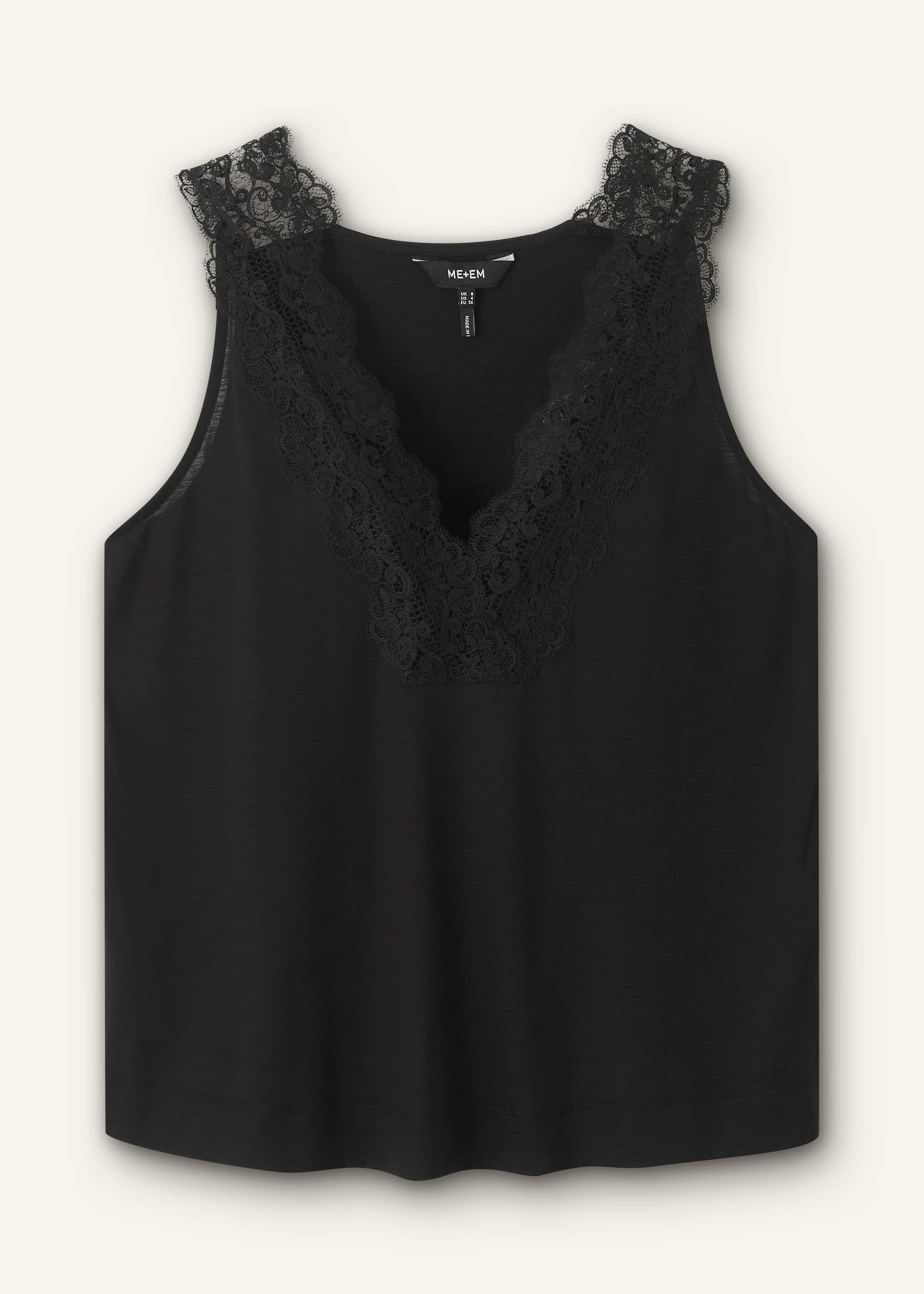 Crafted from soft jersey with a lace-trimmed neckline.