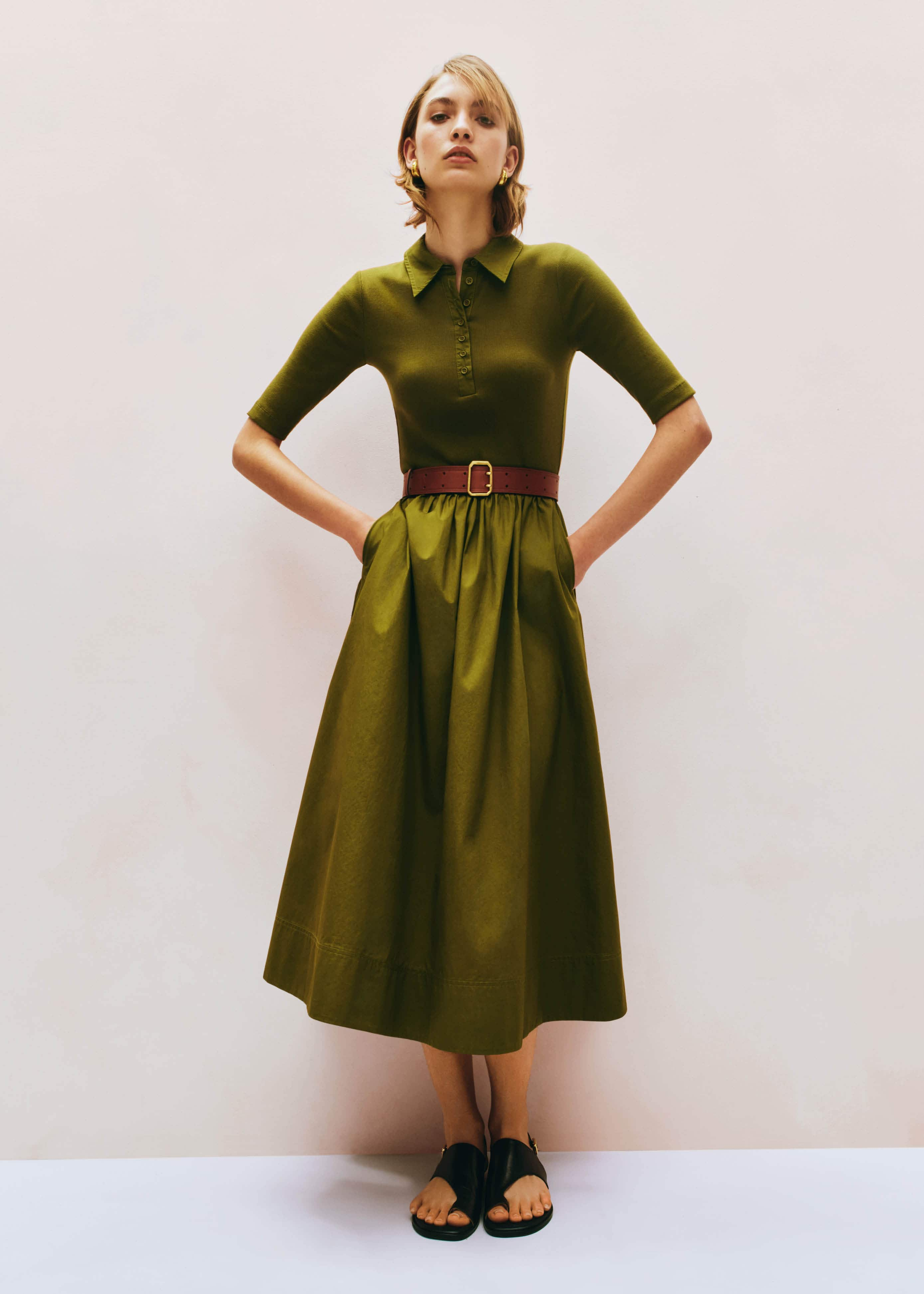 Mixed Media Shirt Collar Maxi Dress