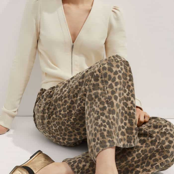 Our Relaxed Leopard Print Utility Trouser complements the neutral hue of the top.