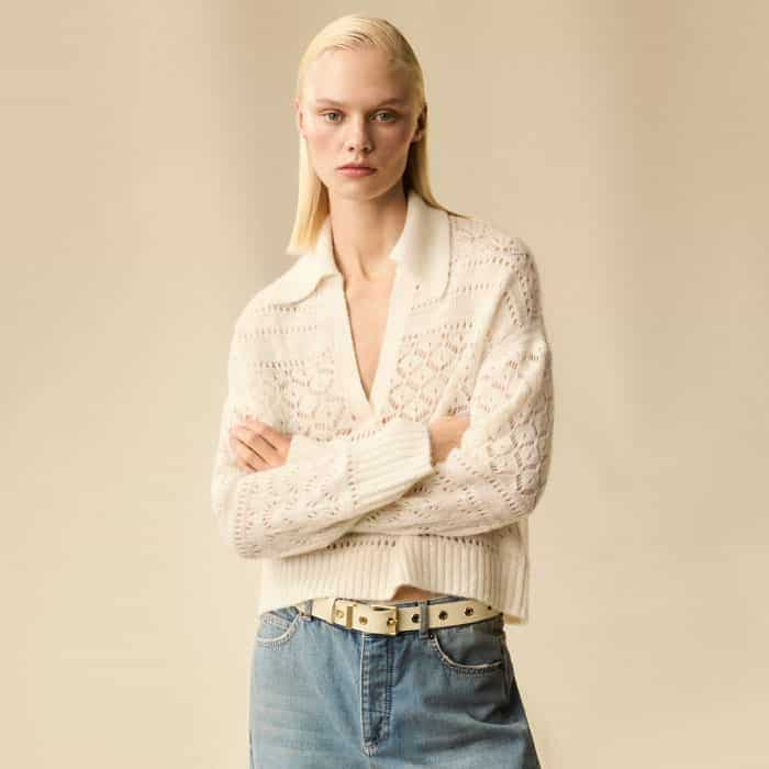 Our Low-Rise Baggy Jean and Metal Eyelet Hips-To-Waist Belt complement the cream hue and tactile finish of the jumper.