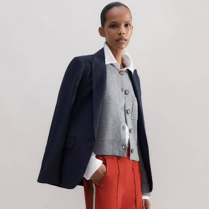 For a flattering clash of textures, wear it with our Merino Cashmere Cardigan and Sharp Shoulder Pinstripe Boyfriend Blazer.