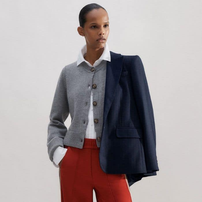 For a polished layered look, wear it with our Merino Cashmere Cardigan and Sharp Shoulder Pinstripe Boyfriend Blazer.