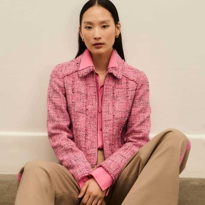 Colour-match to the pink side stripe with our Spring Tweed Fringe Jacket and Silk Oversized Shirt.