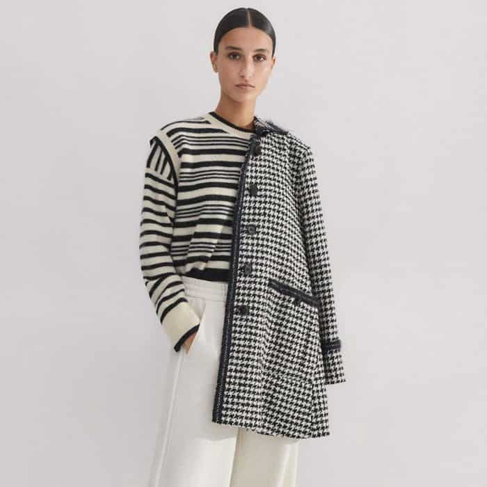 For a graphic, monochromatic finish, wear it with our Boiled Cashmere Striped Vest and Bouclé Houndstooth Swing Coat.