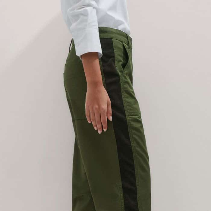 The cotton of the pant contrasts with a cord side panel insert for a flattering texture clash.