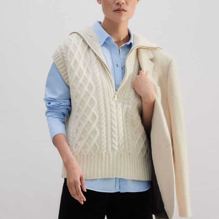 Build a layered look with our Recycled Wool Alpaca Cable Half Zip Vest and Cotton Oxford Lived-In Forever Shirt.