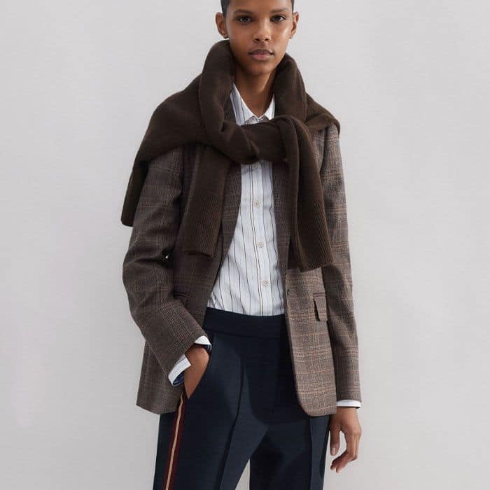 Build a look around textures and patterns with our Check Jacket and Merino Cashmere High Neck Cardigan.