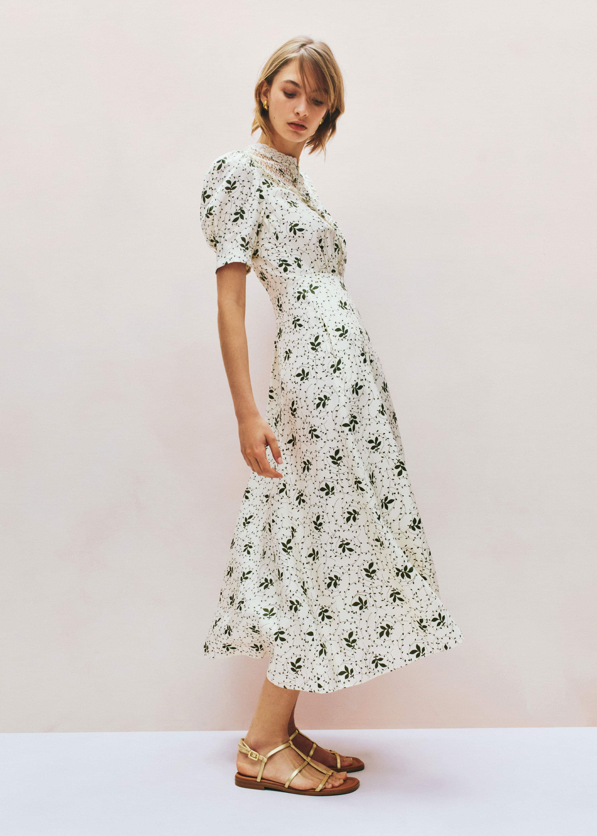 Silk-Blend Swirling Leaf Print Midi Tea Dress