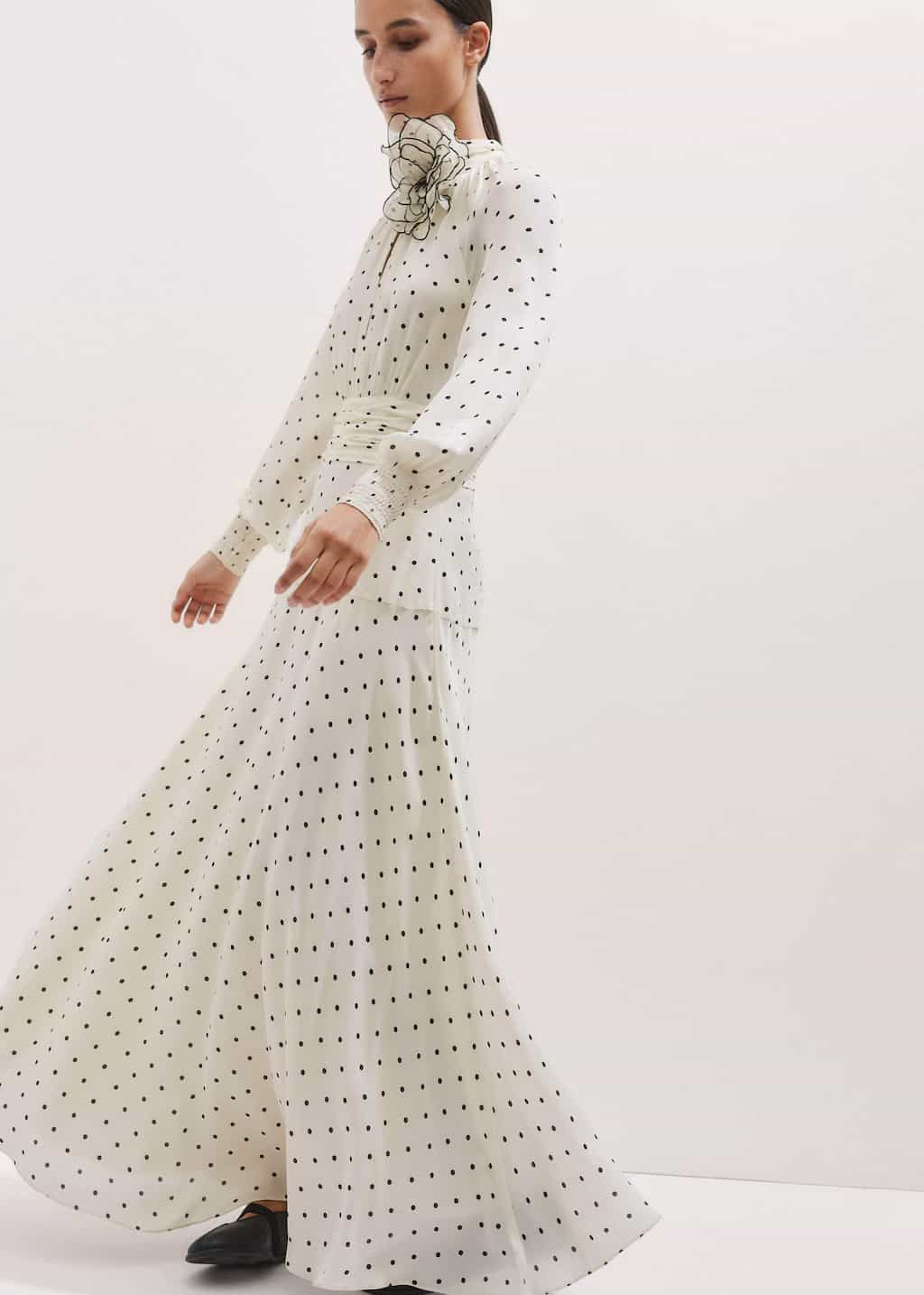 2025 wedding guest outfits - Me + Em Silk Polka Dot Maxi Dress + Corsage Silk